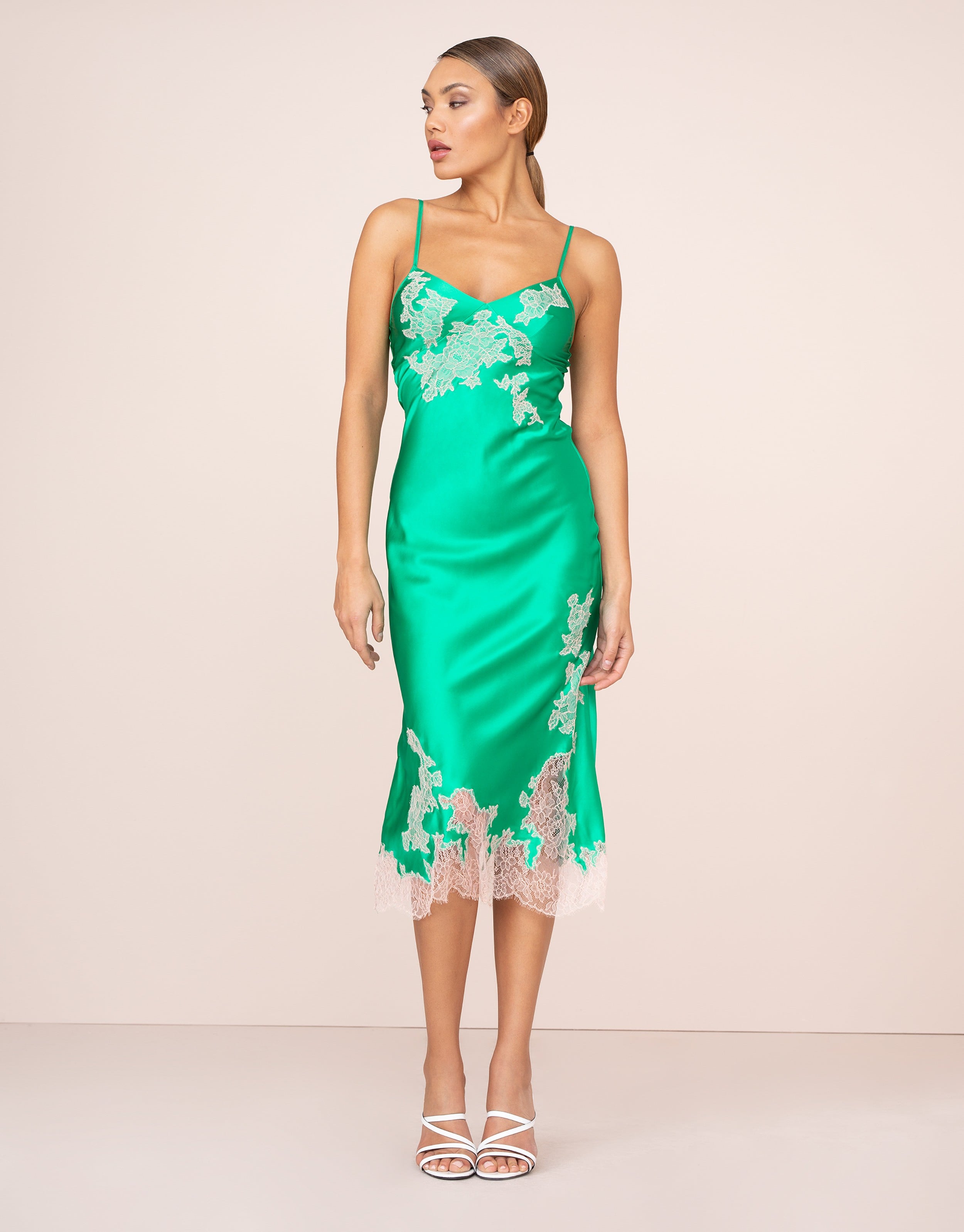 Agent Provocateur Christi Long Slip Green Silk And Blush Lace