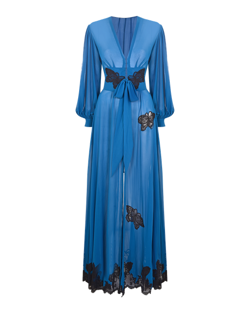 Aymee Long Dressing Gown Blue/Black | Agent Provocateur