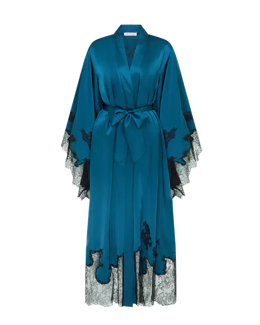 Christi Long Kimono  Petrol/Black Lace | Agent Provocateur
