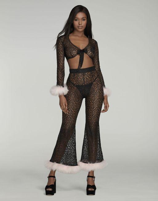 Sheer marabou jumpsuit deals